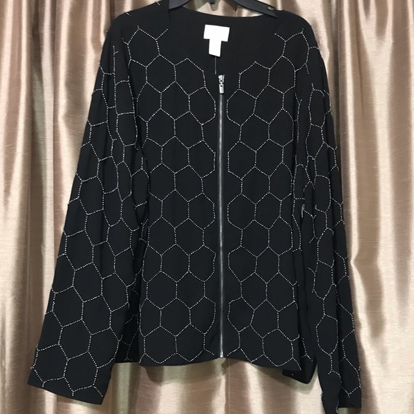 Chico’s Women’s Beaded Bomber Jacket Black Zipper Hexagon Pattern Size 2    [aa] - Picture 1 of 5